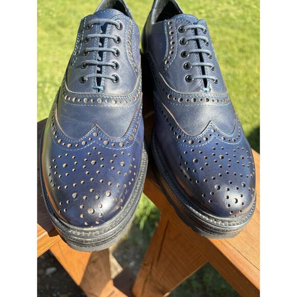 Miguel Miratez Blue Leather Brogue Oxford Platform Shoes Handmade Size 43 US 10 main image 5
